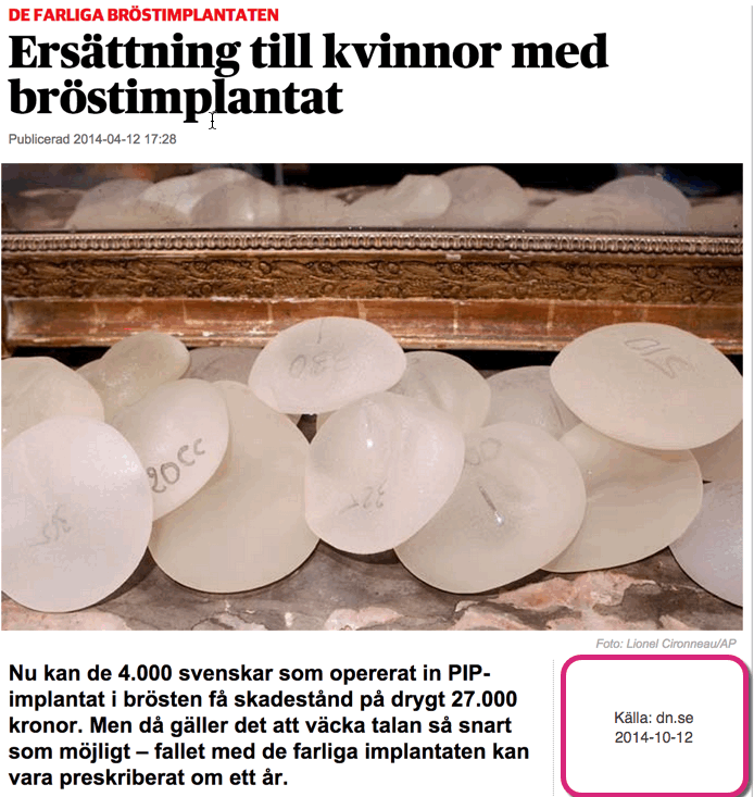 Artikel om PIP-implantaten i dn.se 2014-10-12